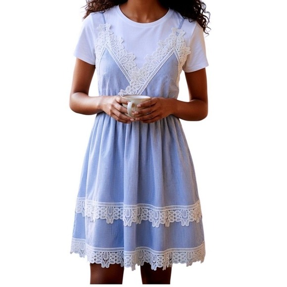 HD in Paris Dresses & Skirts - HD in Paris Anthropologie Blue Stripe Lace Dress XXS Cottagecore Whimsical